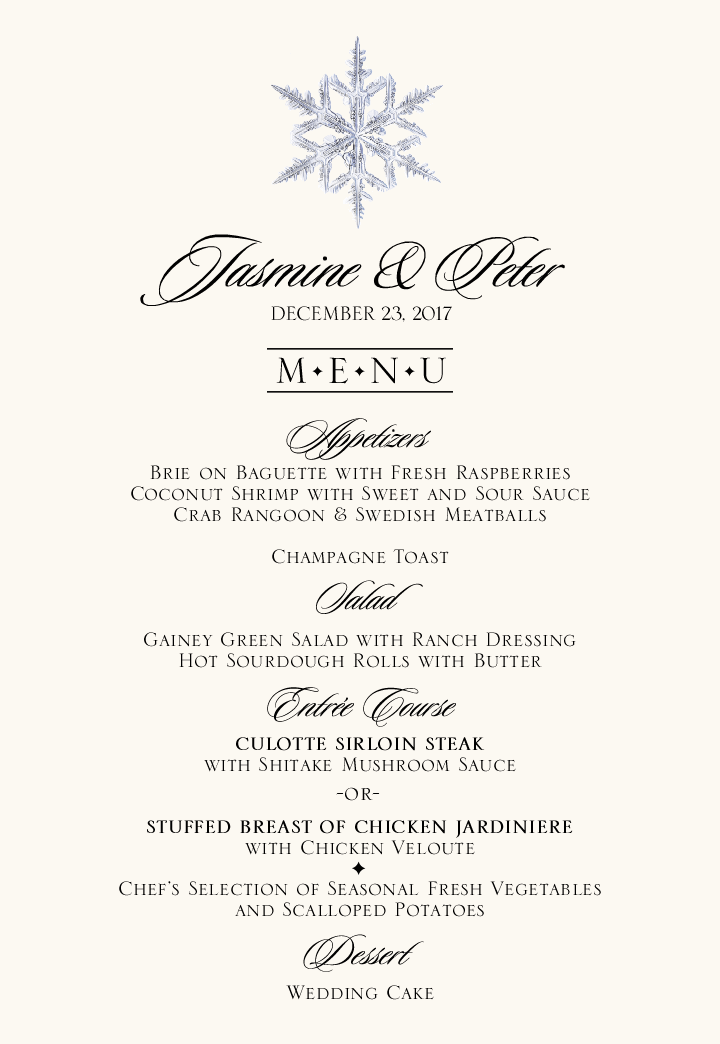 Winter Wedding Menu Cards with Snowflake Designs & Holiday Graphics
